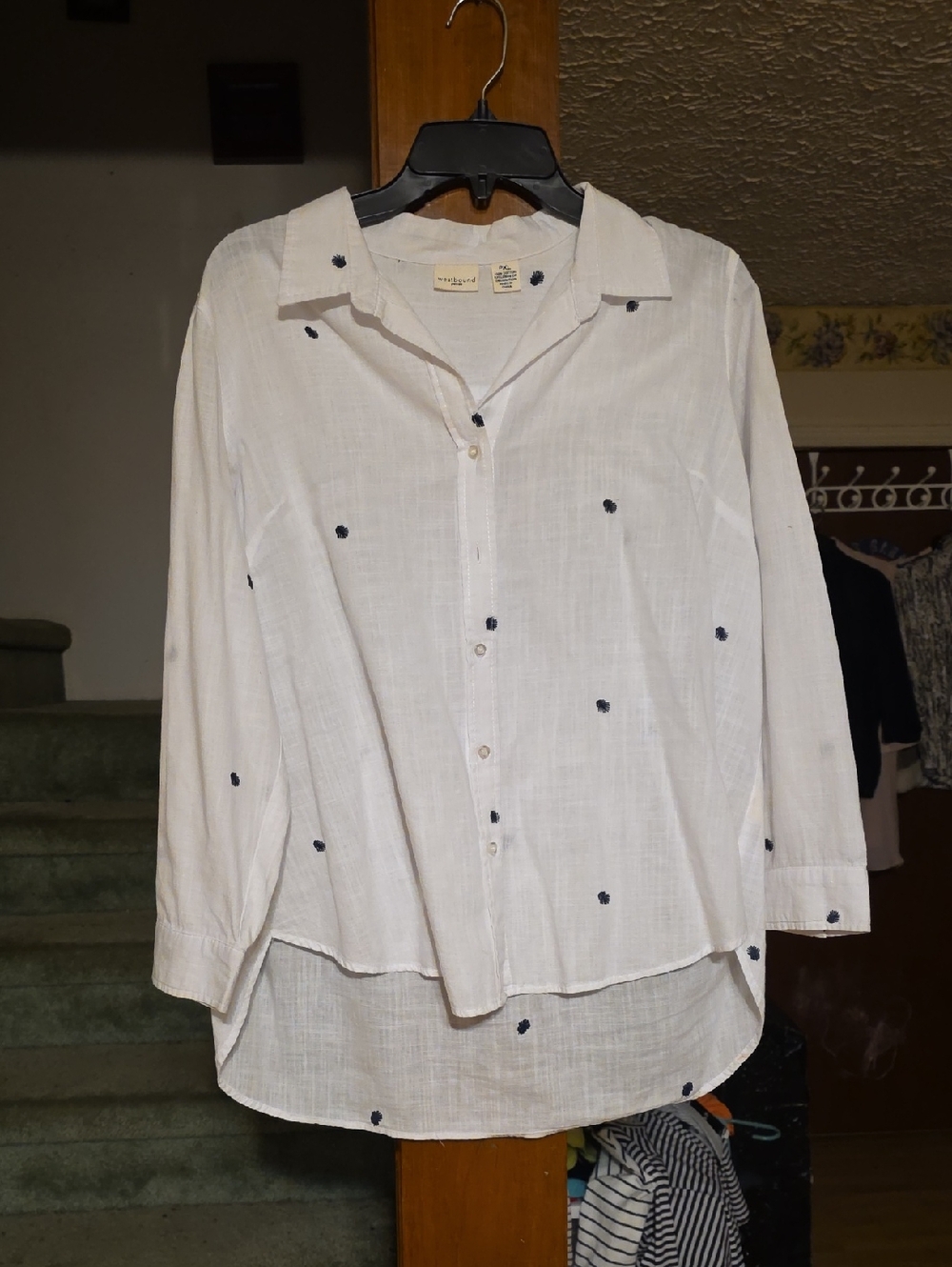 Westbound White Button-Up with Navy Embroidered Detail